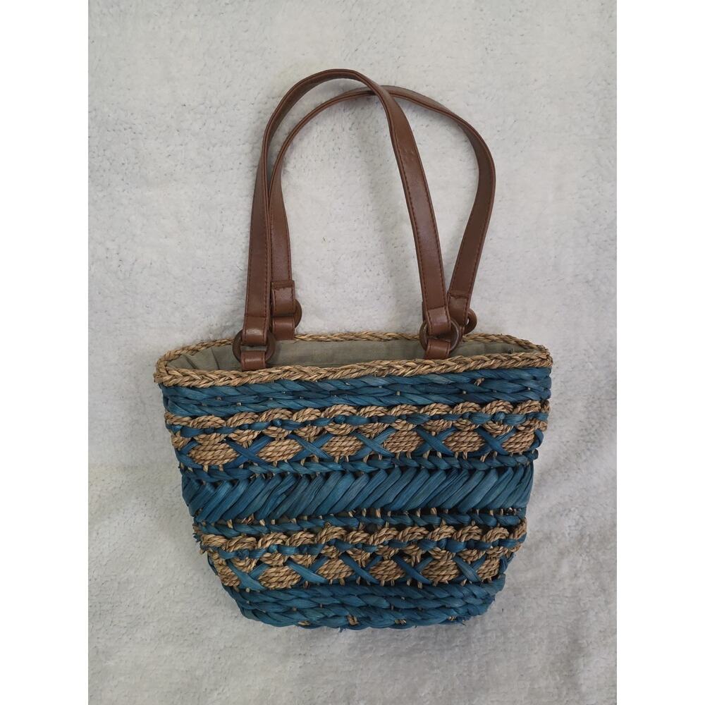 Capelli Straworld Woven Tote Shoulder Bag Purse Blue Tan Brown Spring Summer
